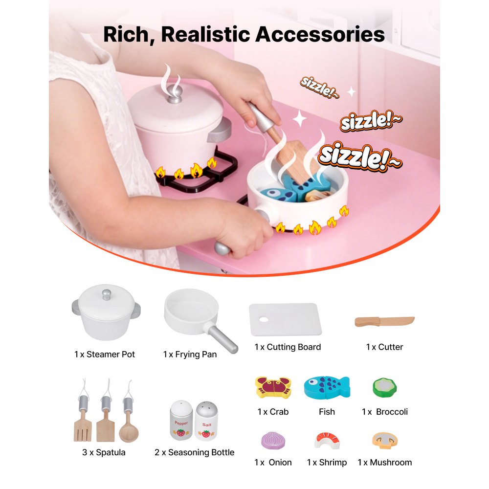 VEVOR Cocina de Juguete para Niños de 3 a 8 Años, Cocinita Infantil de Madera con Luces y Sonidos, Áreas Interactivas con Microondas, Lavavajillas, Accesorios, Juego de Cocina con Almacenamiento, Rosa
