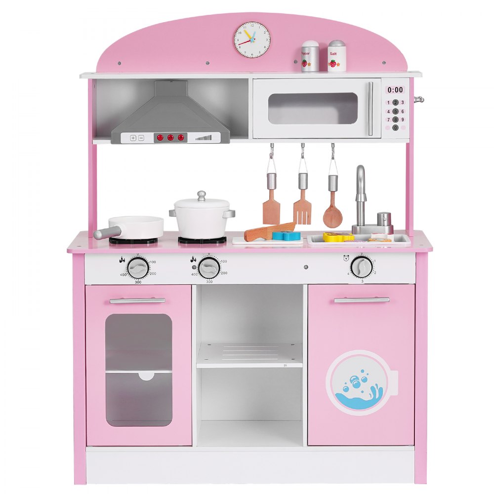 VEVOR Cocina de Juguete para Niños de 3 a 8 Años, Cocinita Infantil de Madera con Luces y Sonidos, Áreas Interactivas con Microondas, Lavavajillas, Accesorios, Juego de Cocina con Almacenamiento, Rosa