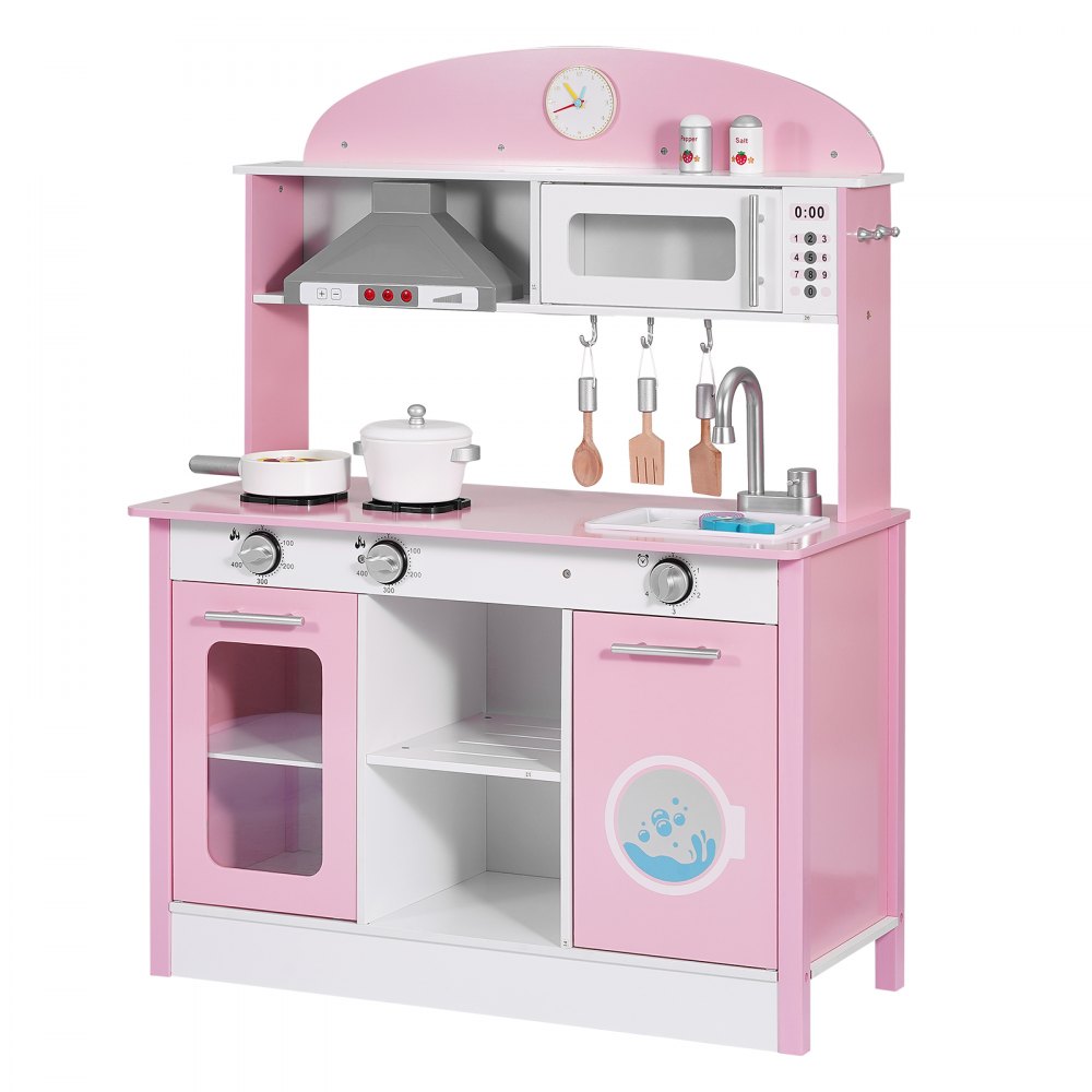 VEVOR Cocina de Juguete para Niños de 3 a 8 Años, Cocinita Infantil de Madera con Luces y Sonidos, Áreas Interactivas con Microondas, Lavavajillas, Accesorios, Juego de Cocina con Almacenamiento, Rosa