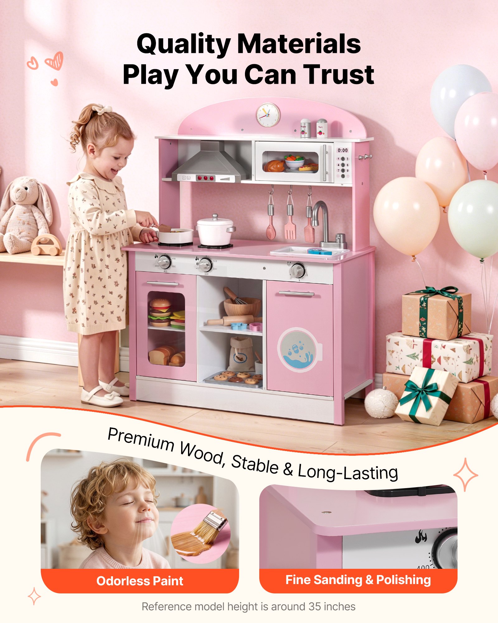 VEVOR Cocina de Juguete para Niños de 3 a 8 Años, Cocinita Infantil de Madera con Luces y Sonidos, Áreas Interactivas con Microondas, Lavavajillas, Accesorios, Juego de Cocina con Almacenamiento, Rosa