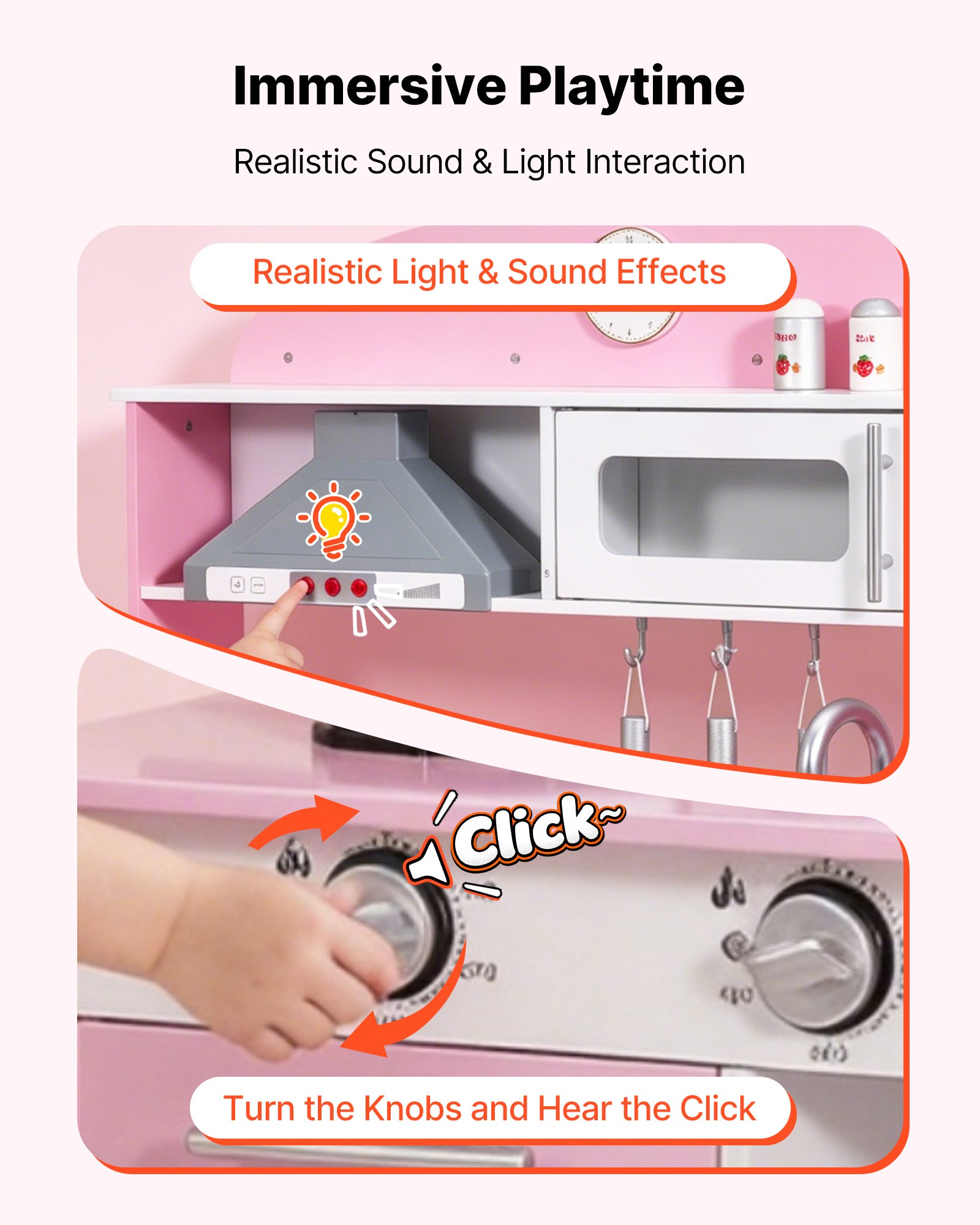 VEVOR Cocina de Juguete para Niños de 3 a 8 Años, Cocinita Infantil de Madera con Luces y Sonidos, Áreas Interactivas con Microondas, Lavavajillas, Accesorios, Juego de Cocina con Almacenamiento, Rosa