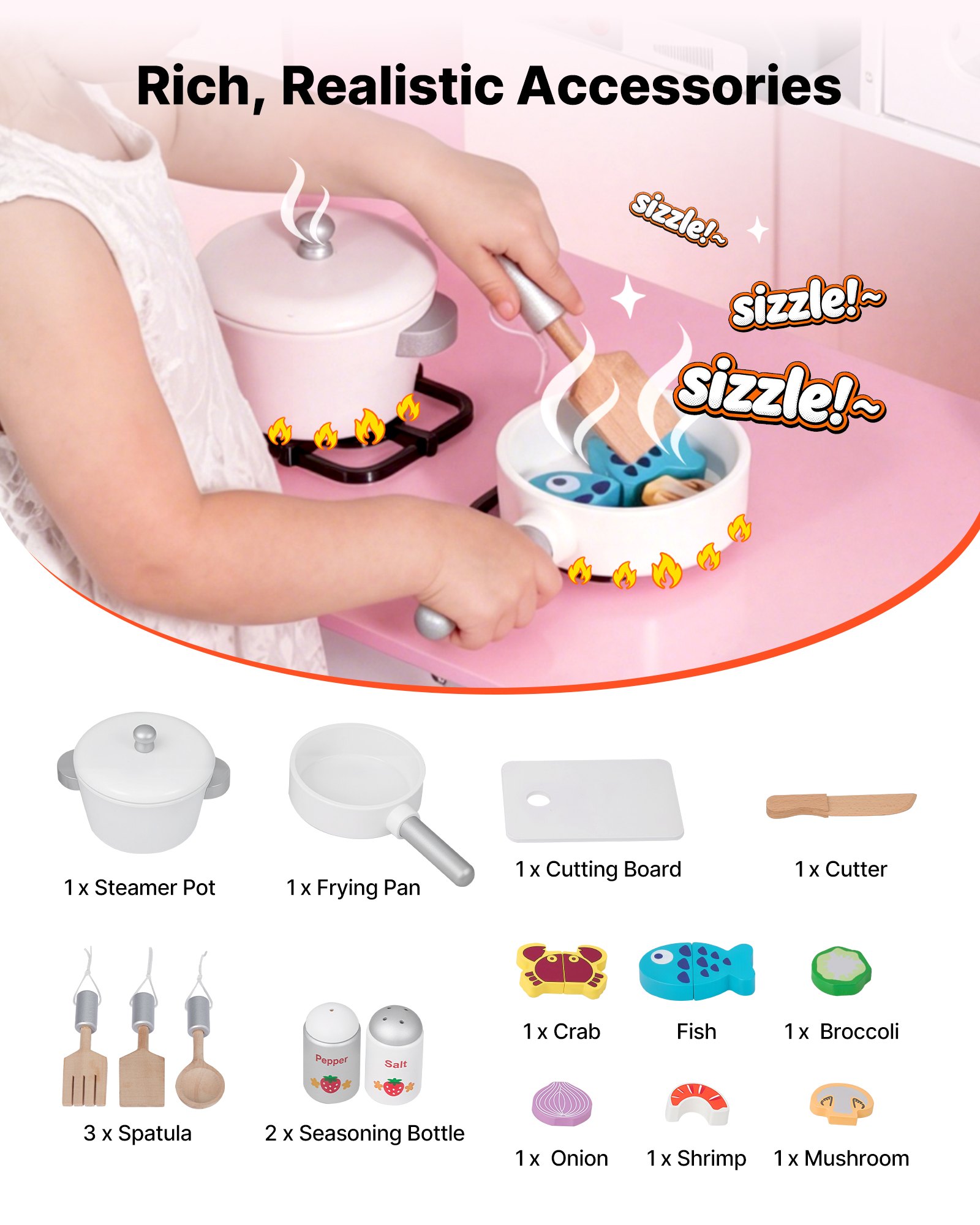 VEVOR Cocina de Juguete para Niños de 3 a 8 Años, Cocinita Infantil de Madera con Luces y Sonidos, Áreas Interactivas con Microondas, Lavavajillas, Accesorios, Juego de Cocina con Almacenamiento, Rosa