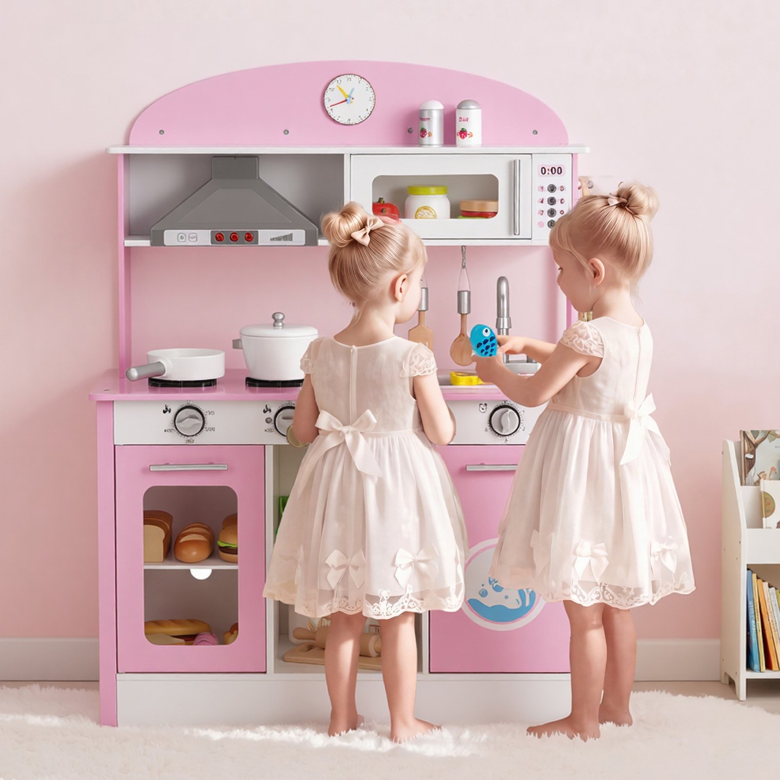 VEVOR Cocina de Juguete para Niños de 3 a 8 Años, Cocinita Infantil de Madera con Luces y Sonidos, Áreas Interactivas con Microondas, Lavavajillas, Accesorios, Juego de Cocina con Almacenamiento, Rosa