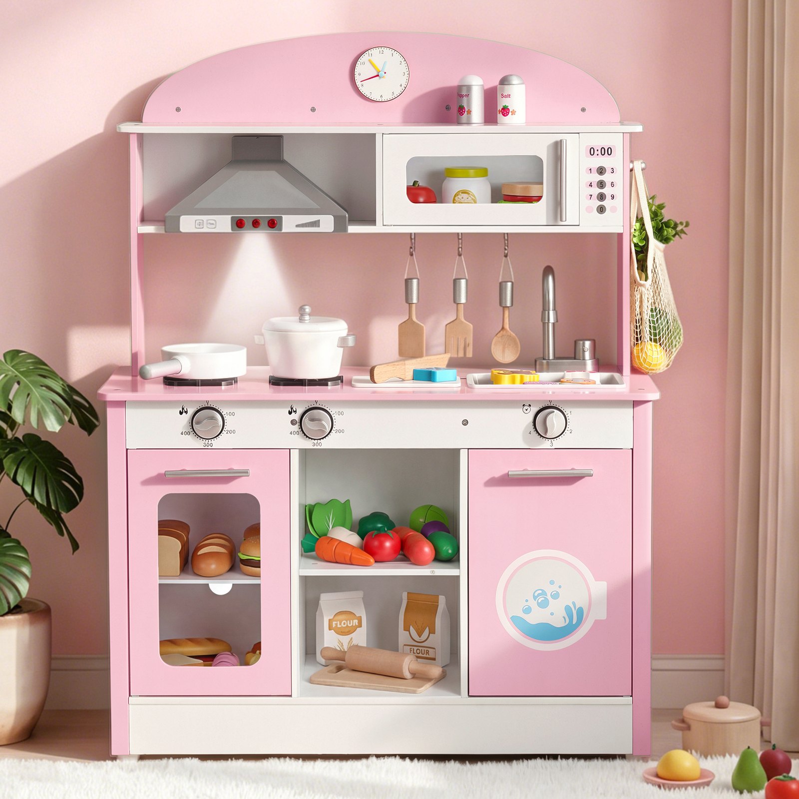 VEVOR Cocina de Juguete para Niños de 3 a 8 Años, Cocinita Infantil de Madera con Luces y Sonidos, Áreas Interactivas con Microondas, Lavavajillas, Accesorios, Juego de Cocina con Almacenamiento, Rosa