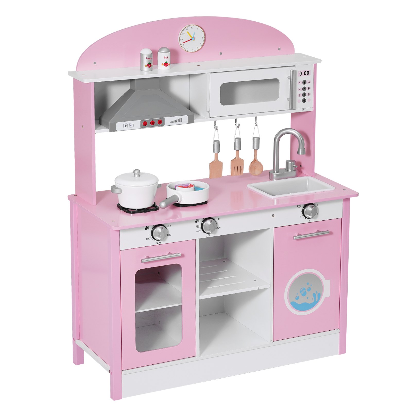 VEVOR Cocina de Juguete para Niños de 3 a 8 Años, Cocinita Infantil de Madera con Luces y Sonidos, Áreas Interactivas con Microondas, Lavavajillas, Accesorios, Juego de Cocina con Almacenamiento, Rosa