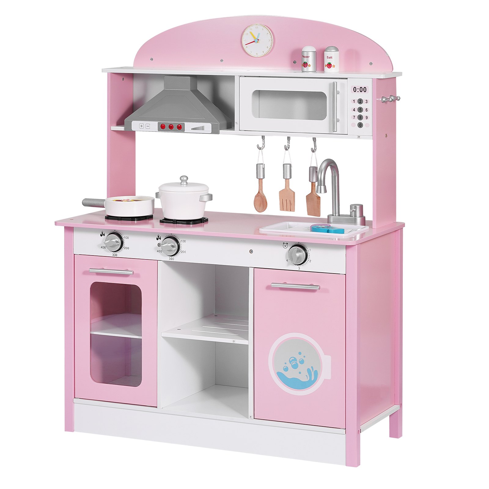 VEVOR Cocina de Juguete para Niños de 3 a 8 Años, Cocinita Infantil de Madera con Luces y Sonidos, Áreas Interactivas con Microondas, Lavavajillas, Accesorios, Juego de Cocina con Almacenamiento, Rosa