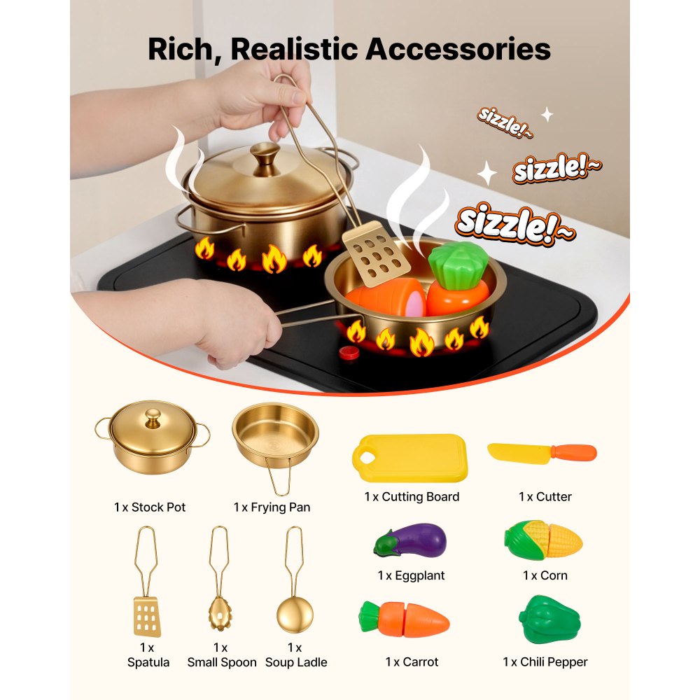 VEVOR Cocina de Juguete para Niños de 3 a 8 Años, Cocinita Infantil de Madera con Luces y Sonidos, Zonas Interactivas, Juego de Cocina con Almacenamiento, Microondas, Fregadero, Accesorios, Blanco