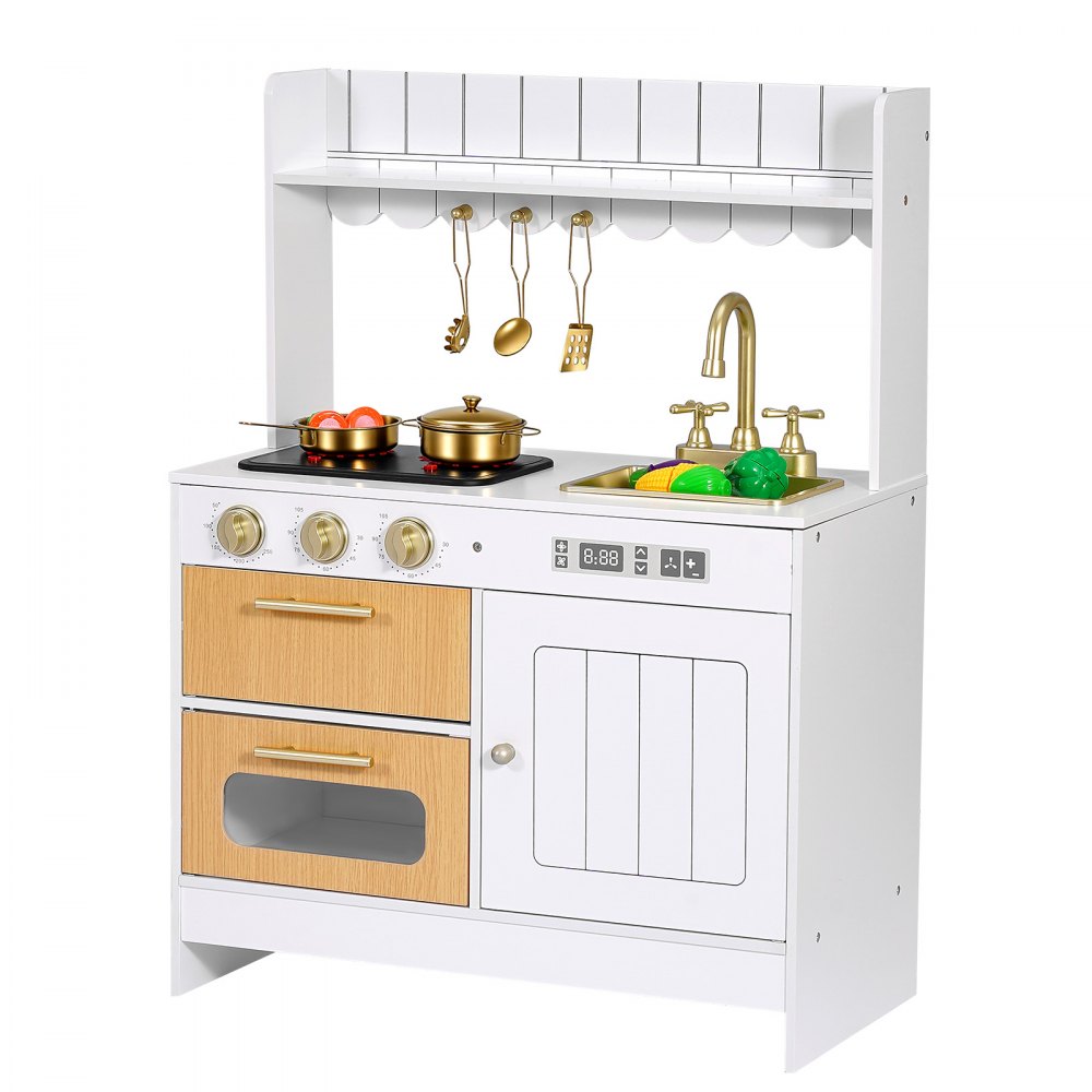 VEVOR Cocina de Juguete para Niños de 3 a 8 Años, Cocinita Infantil de Madera con Luces y Sonidos, Zonas Interactivas, Juego de Cocina con Almacenamiento, Microondas, Fregadero, Accesorios, Blanco