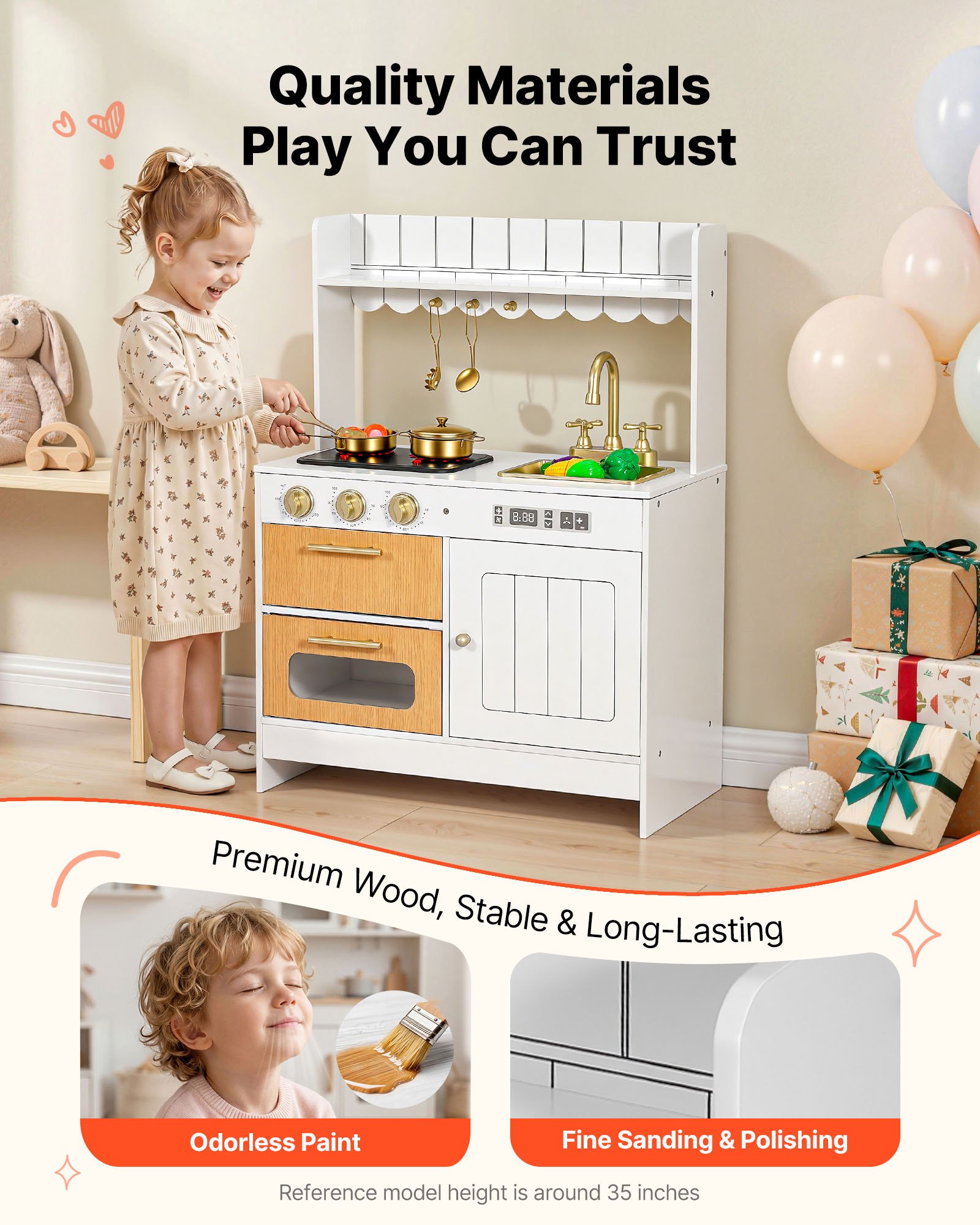 VEVOR Cocina de Juguete para Niños de 3 a 8 Años, Cocinita Infantil de Madera con Luces y Sonidos, Zonas Interactivas, Juego de Cocina con Almacenamiento, Microondas, Fregadero, Accesorios, Blanco
