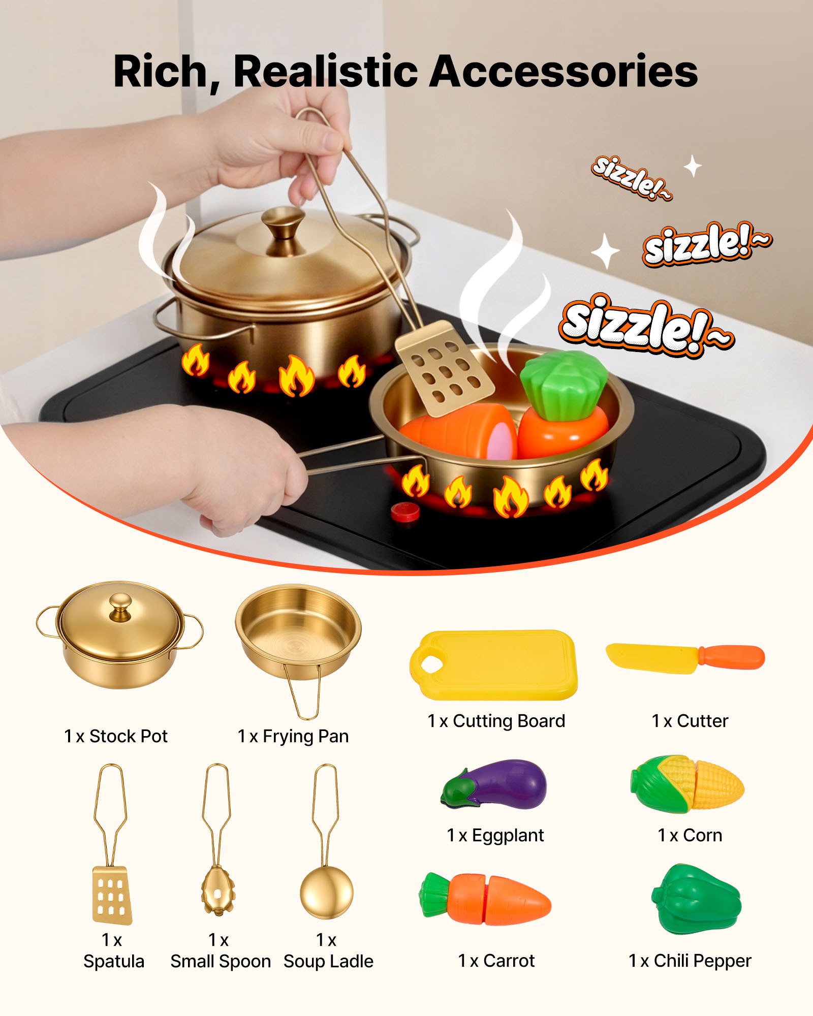 VEVOR Cocina de Juguete para Niños de 3 a 8 Años, Cocinita Infantil de Madera con Luces y Sonidos, Zonas Interactivas, Juego de Cocina con Almacenamiento, Microondas, Fregadero, Accesorios, Blanco