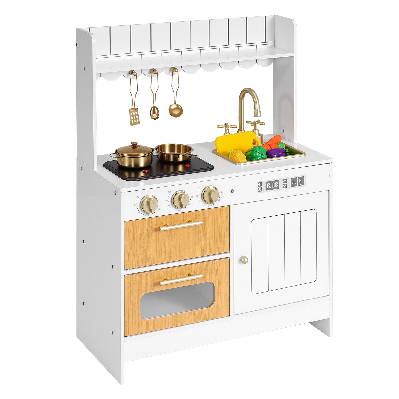 VEVOR Cocina de Juguete para Niños de 3 a 8 Años, Cocinita Infantil de Madera con Luces y Sonidos, Zonas Interactivas, Juego de Cocina con Almacenamiento, Microondas, Fregadero, Accesorios, Blanco