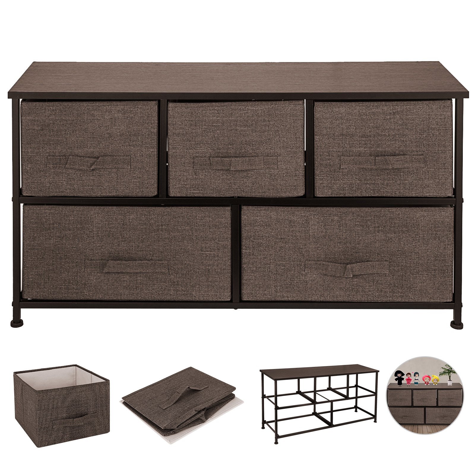 VEVOR Cómoda de Tela con 5 Cajones Práctico, Cómoda Organizador con 5 Cajones/Cajas de Almacenamiento de Tela, Cómoda Dormitorio, Cómodas Cajones Gabinete, para El Dormitorio, Color Café