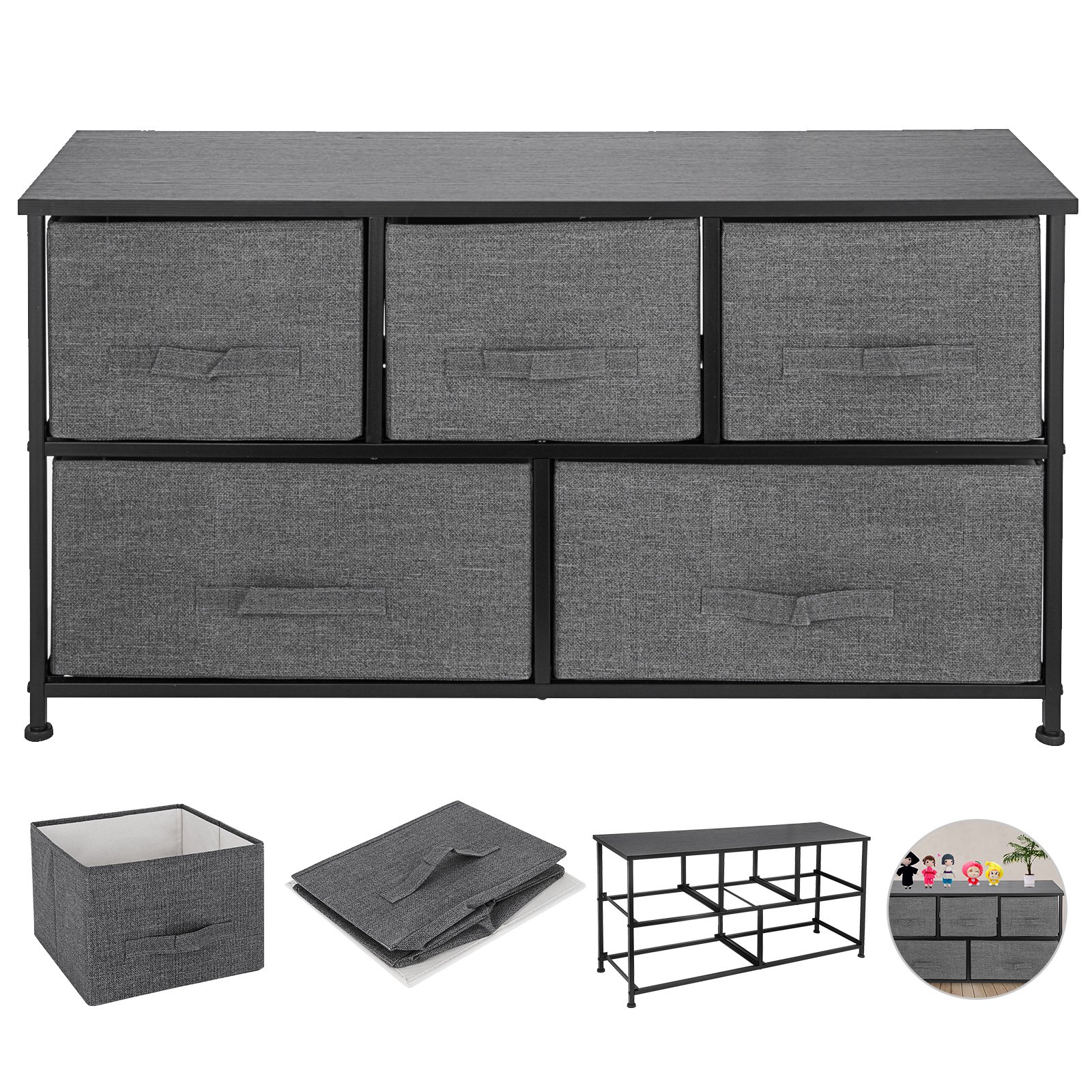 VEVOR Cómoda de Tela con 5 Cajones Práctico, Cómoda Organizador con 5 Cajones/Cajas de Almacenamiento de Tela, Cómoda Dormitorio, Cómodas Cajones Gabinete, para El Dormitorio, Gris Oscuro