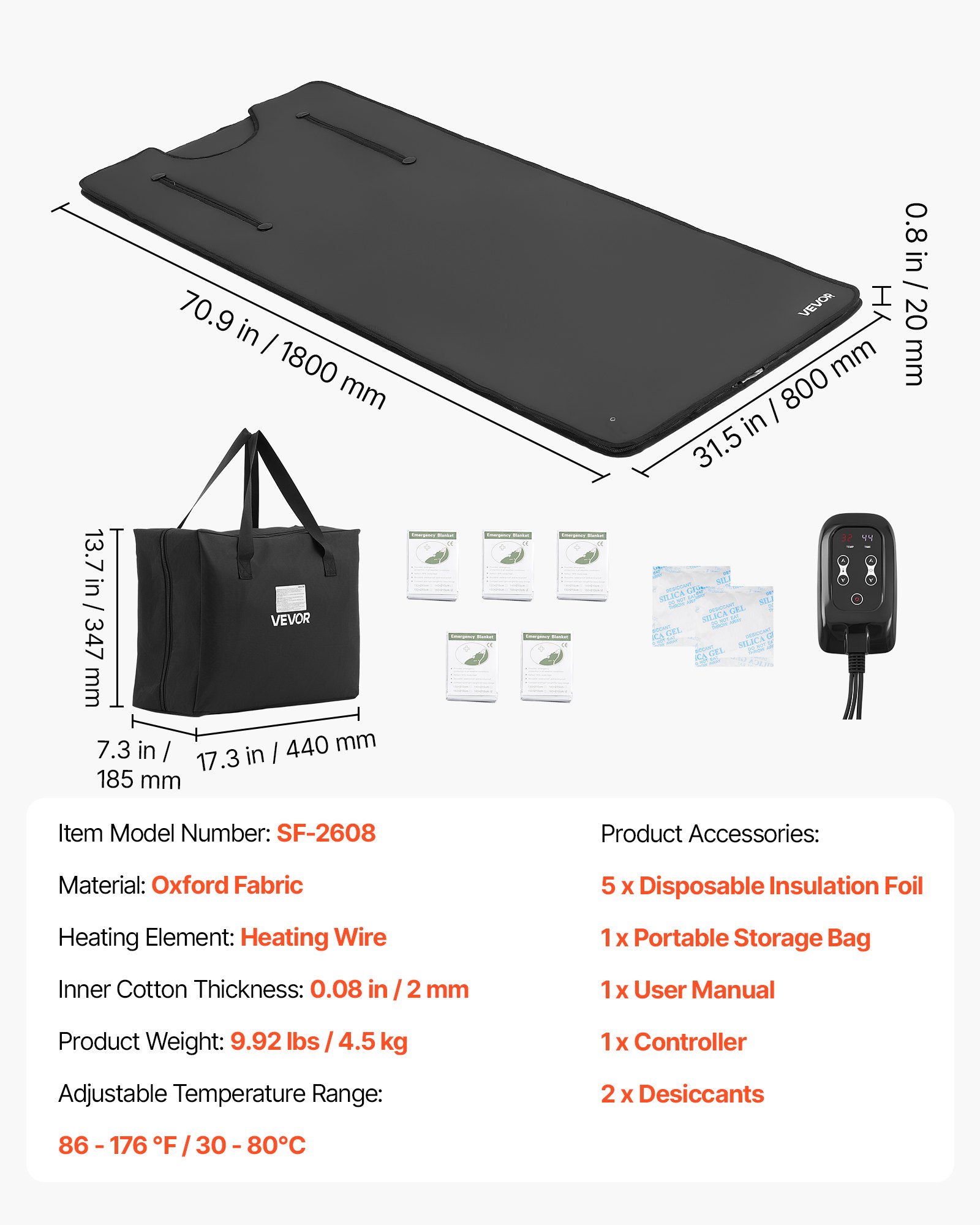 VEVOR Manta de Sauna Infrarroja de 5 Capas de 180 x 80 cm, Manta Portátil con Temporizador, Control Multinivel, Tejido Oxford, Aberturas para Brazos y Bolsa de Transporte para Spa en Casa y Viajes