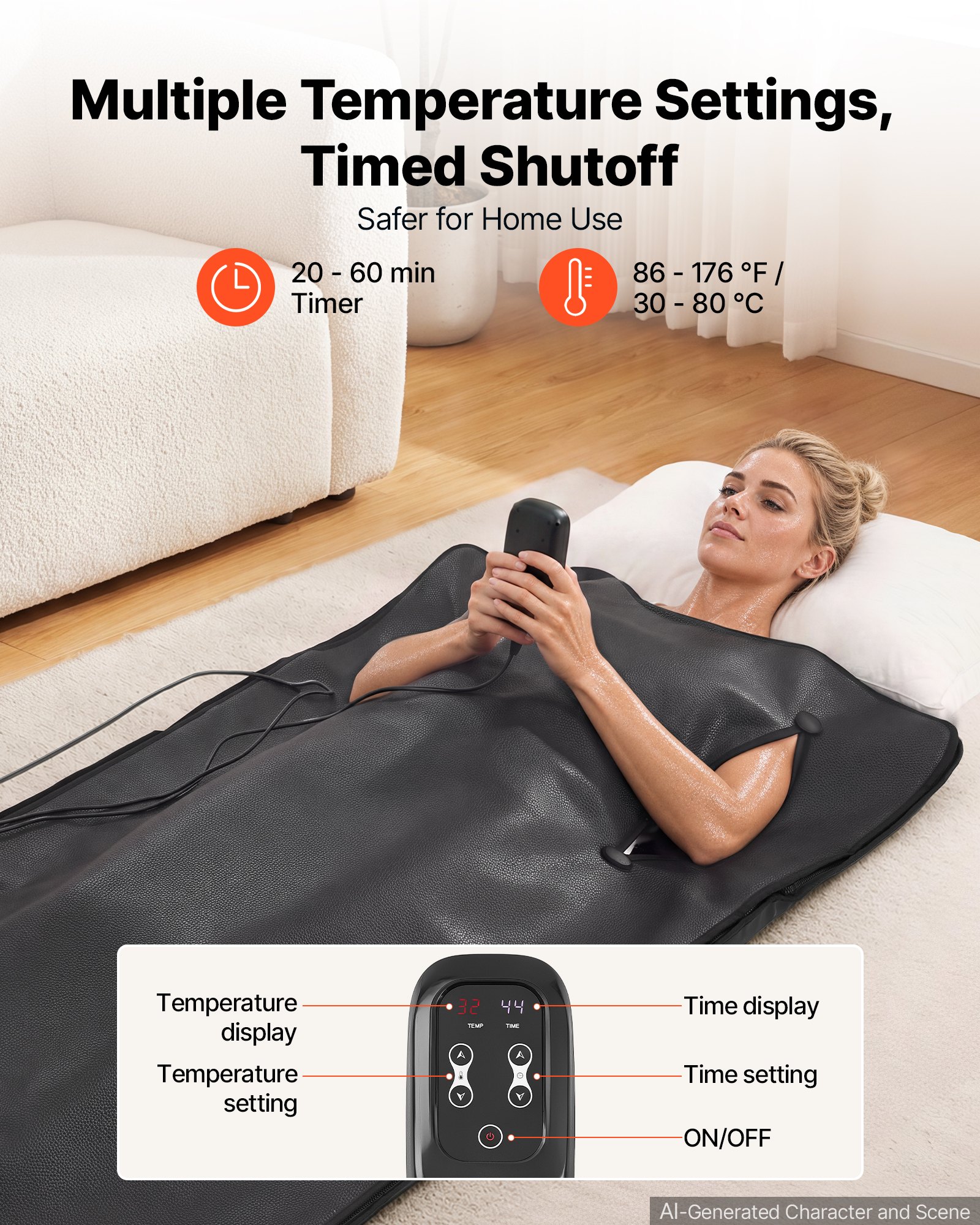 VEVOR Infrared Sauna Blanket with Armholes, 180 x 90 cm Portable Sauna Bag, Even Heating for Home Detox & Relaxation, Temp Control & Timer, PU Leather Heating Wrap with Towel Liner, Carry Bag, Black