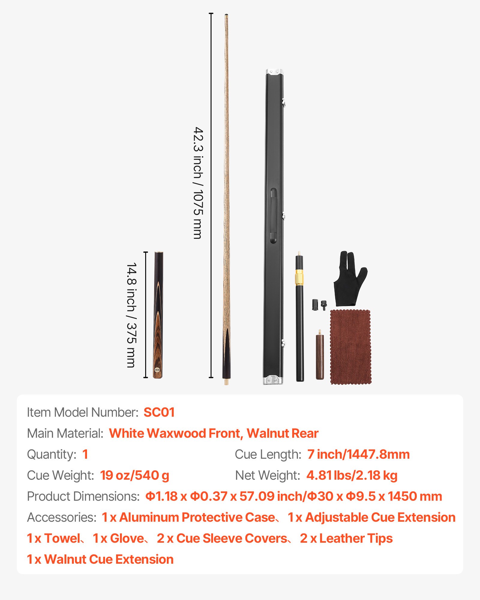 VEVOR Taco de Billar 1447,8 mm/540 g, con Varilla de Extensión, Punta de Cuero, Estuche de Aluminio y Toalla, Apto para Mesas de Billar Profesionales, Bares, Hogar y Oficina, Madera y Marrón
