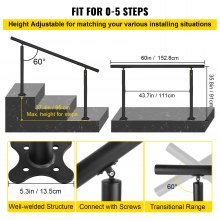 VEVOR Pasamanos Escalera Barandilla de Escaleras Aluminio Pasamanos de Escalón Ajuste para 0-5 Pasos Negro Baranda para Escaleras 152,8 x 91 cm