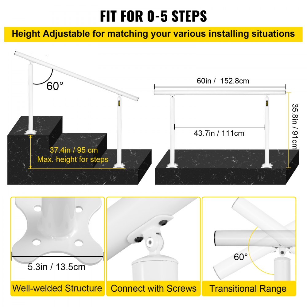 VEVOR Barandilla de Escaleras Aluminio Pasamanos de Escalón Ajuste para 0 - 5 Pasos Blanco Baranda para Escaleras 152,8 x 91 cm Ángulo Ajustable 0°-60° para Porches Balcones Jardines Hoteles Garajes