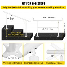 VEVOR Barandilla de Escaleras Aluminio Pasamanos de Escalón Ajuste para 0-5 Pasos Blanco Baranda para Escaleras 152,8 x 91 cm Ángulo Ajustable 0°-60° para Porches Balcones Jardines Hoteles Garajes