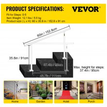 VEVOR Barandilla de Escaleras Aluminio Pasamanos de Escalón Ajuste para 0-5 Pasos Blanco Baranda para Escaleras 152,8 x 91 cm Ángulo Ajustable 0°-60° para Porches Balcones Jardines Hoteles Garajes