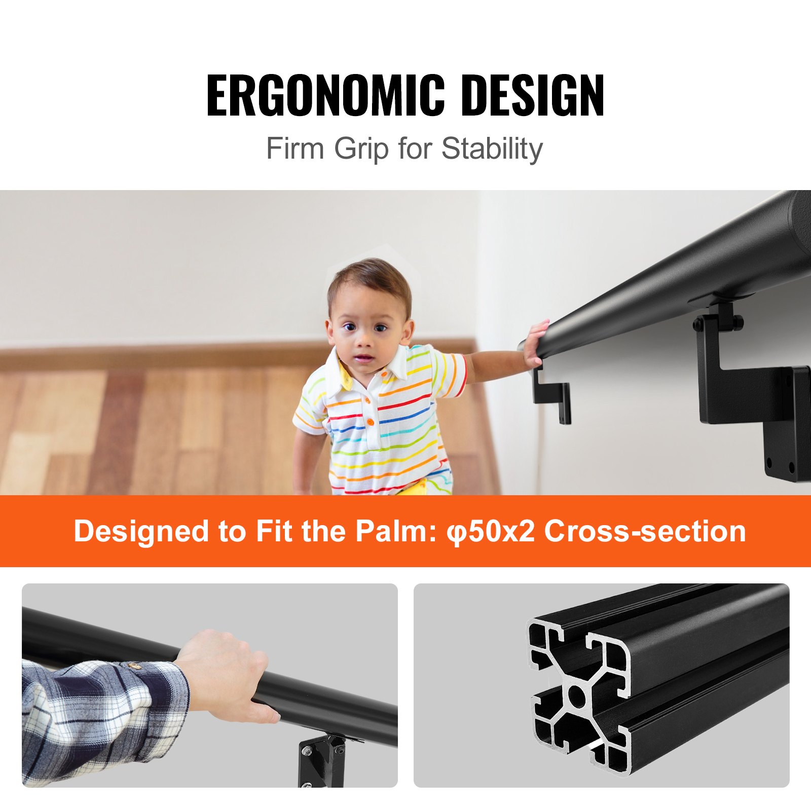 Diseño ergonómico con pasamanos VEVOR para mayor estabilidad, con un agarre firme y una sección transversal que no daña la palma.
