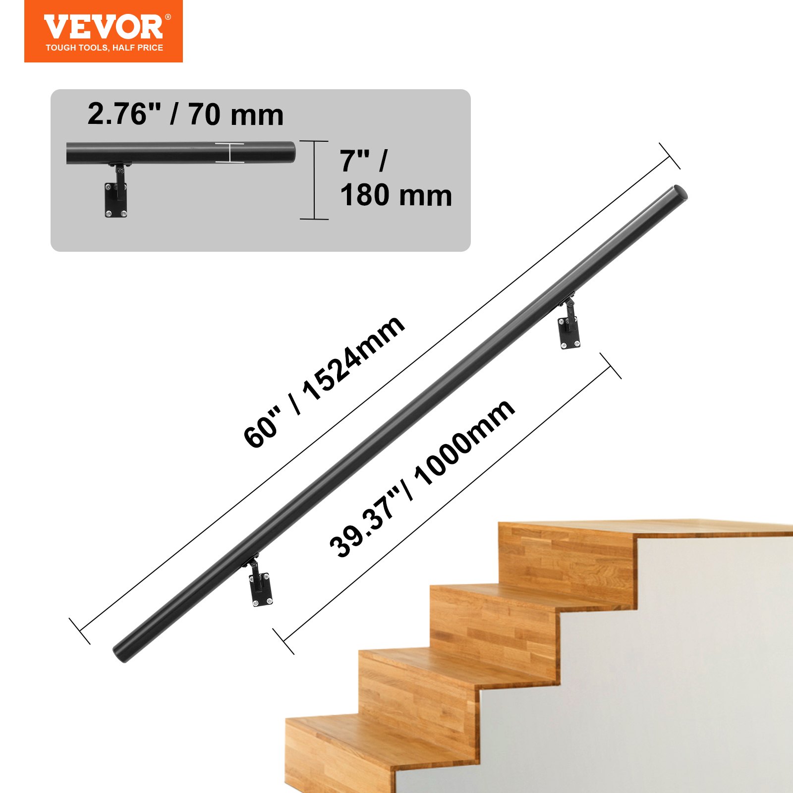 Pasamanos VEVOR, 60&quot; de metal negro con soportes de pared junto a escaleras de madera, 39,37&quot; de altura, 2,76&quot; de diámetro.
