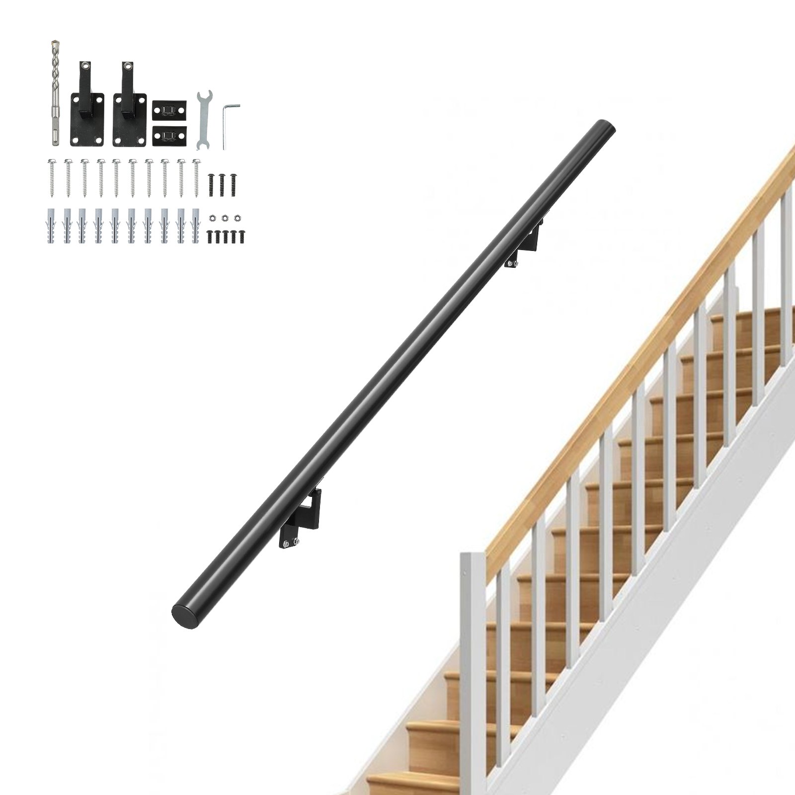 Kit de instalación de pasamanos VEVOR junto a una escalera blanca con escalones y barandillas de madera.