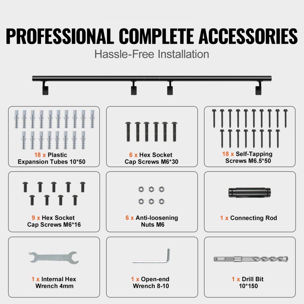 VEVOR Barandilla de Escalera Barandilla de Aleación de Aluminio Barra de Soporte Montaje en Pared Longitud de 214,8 cm Pasamanos Carga de 199,6 kg con Kit de Instalación para Escaleras Pasillos Hogar