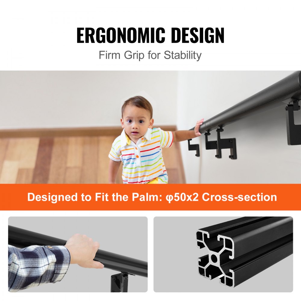 VEVOR Barandilla de Escalera Barandilla de Aleación de Aluminio Barra de Soporte Montaje en Pared Longitud de 214,8 cm Pasamanos Carga de 199,6 kg con Kit de Instalación para Escaleras Pasillos Hogar