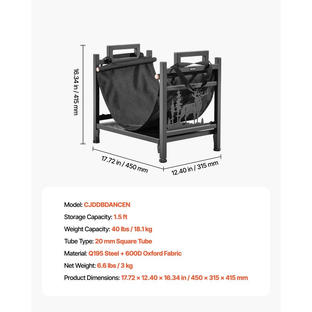 VEVOR Estante de Leña 450 x 315 x 415 mm Marco de Metal con Recubrimiento en Polvo Soporte de Leña Capacidad de 18,1 kg con Portador de Transporte de Lona Leñero Resistente para Chimenea, Negro