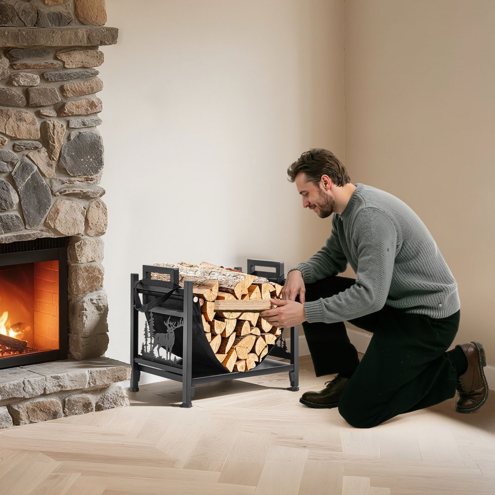 VEVOR Estante de Leña 450 x 315 x 415 mm Marco de Metal con Recubrimiento en Polvo Soporte de Leña Capacidad de 18,1 kg con Portador de Transporte de Lona Leñero Resistente para Chimenea, Negro