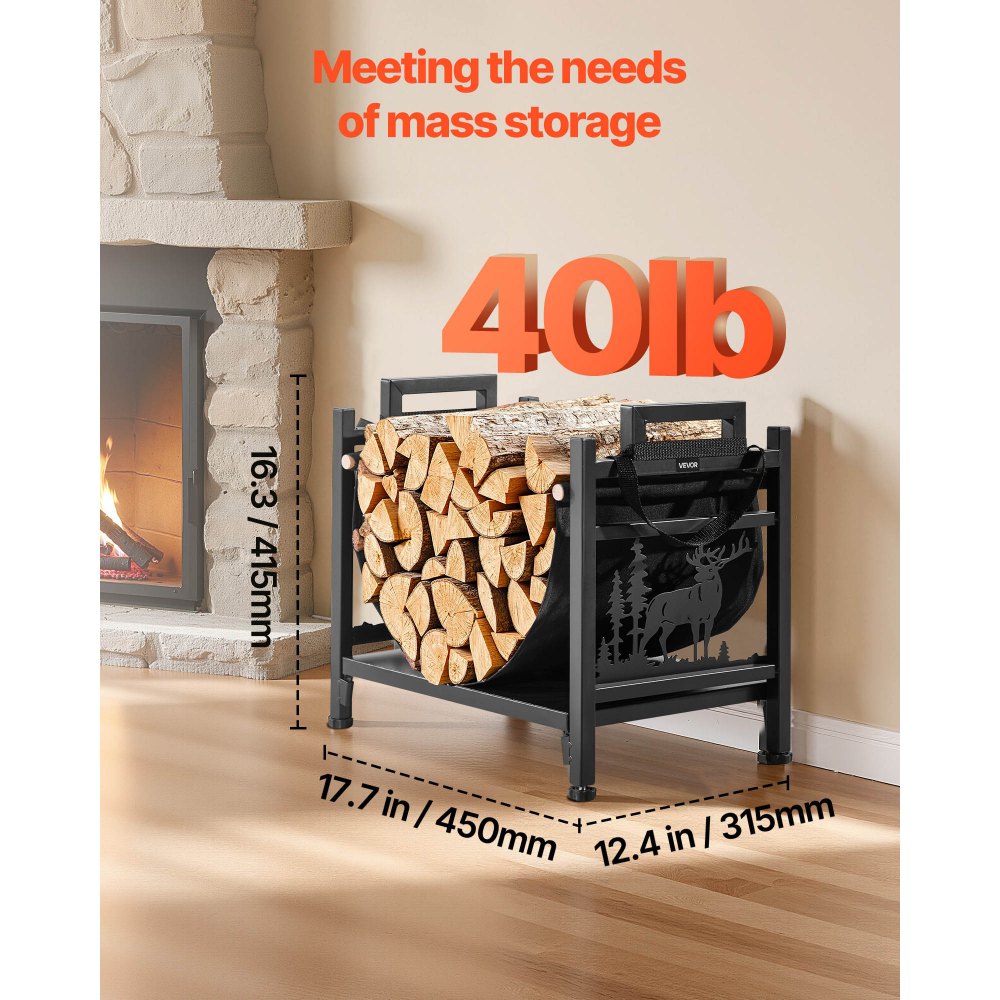 VEVOR Estante de Leña 450 x 315 x 415 mm Marco de Metal con Recubrimiento en Polvo Soporte de Leña Capacidad de 18,1 kg con Portador de Transporte de Lona Leñero Resistente para Chimenea, Negro