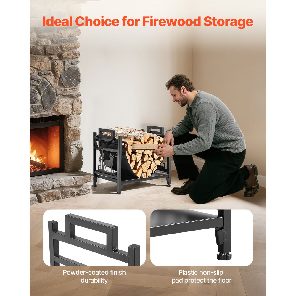 VEVOR Estante de Leña 450 x 315 x 415 mm Marco de Metal con Recubrimiento en Polvo Soporte de Leña Capacidad de 18,1 kg con Portador de Transporte de Lona Leñero Resistente para Chimenea, Negro