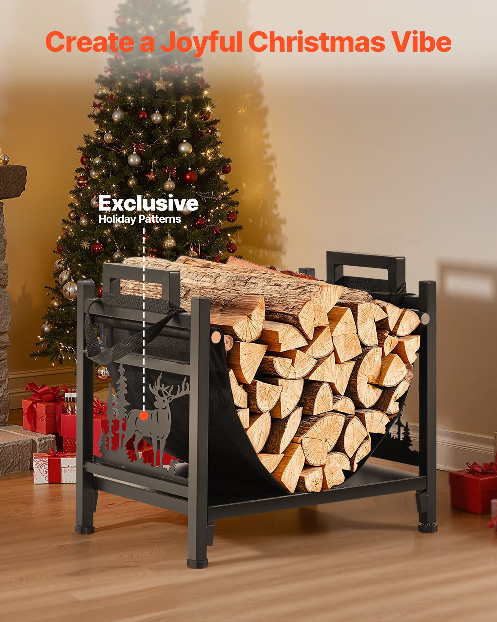 VEVOR Estante de Leña 450 x 315 x 415 mm Marco de Metal con Recubrimiento en Polvo Soporte de Leña Capacidad de 18,1 kg con Portador de Transporte de Lona Leñero Resistente para Chimenea, Negro