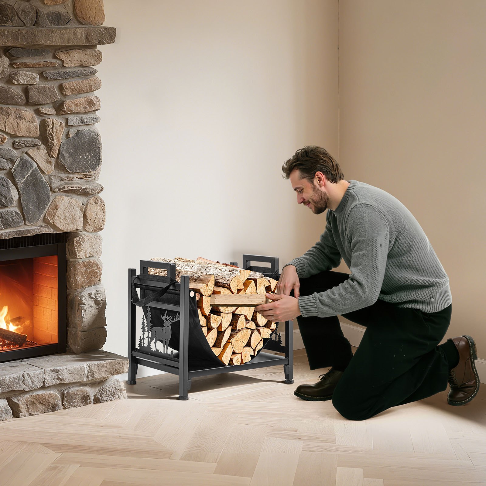 VEVOR Estante de Leña 450 x 315 x 415 mm Marco de Metal con Recubrimiento en Polvo Soporte de Leña Capacidad de 18,1 kg con Portador de Transporte de Lona Leñero Resistente para Chimenea, Negro