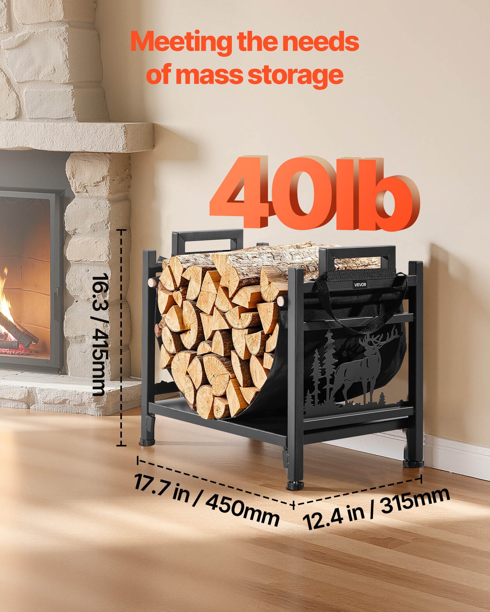 VEVOR Estante de Leña 450 x 315 x 415 mm Marco de Metal con Recubrimiento en Polvo Soporte de Leña Capacidad de 18,1 kg con Portador de Transporte de Lona Leñero Resistente para Chimenea, Negro