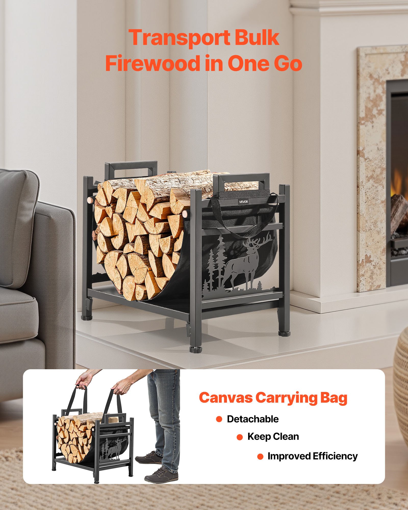 VEVOR Estante de Leña 450 x 315 x 415 mm Marco de Metal con Recubrimiento en Polvo Soporte de Leña Capacidad de 18,1 kg con Portador de Transporte de Lona Leñero Resistente para Chimenea, Negro
