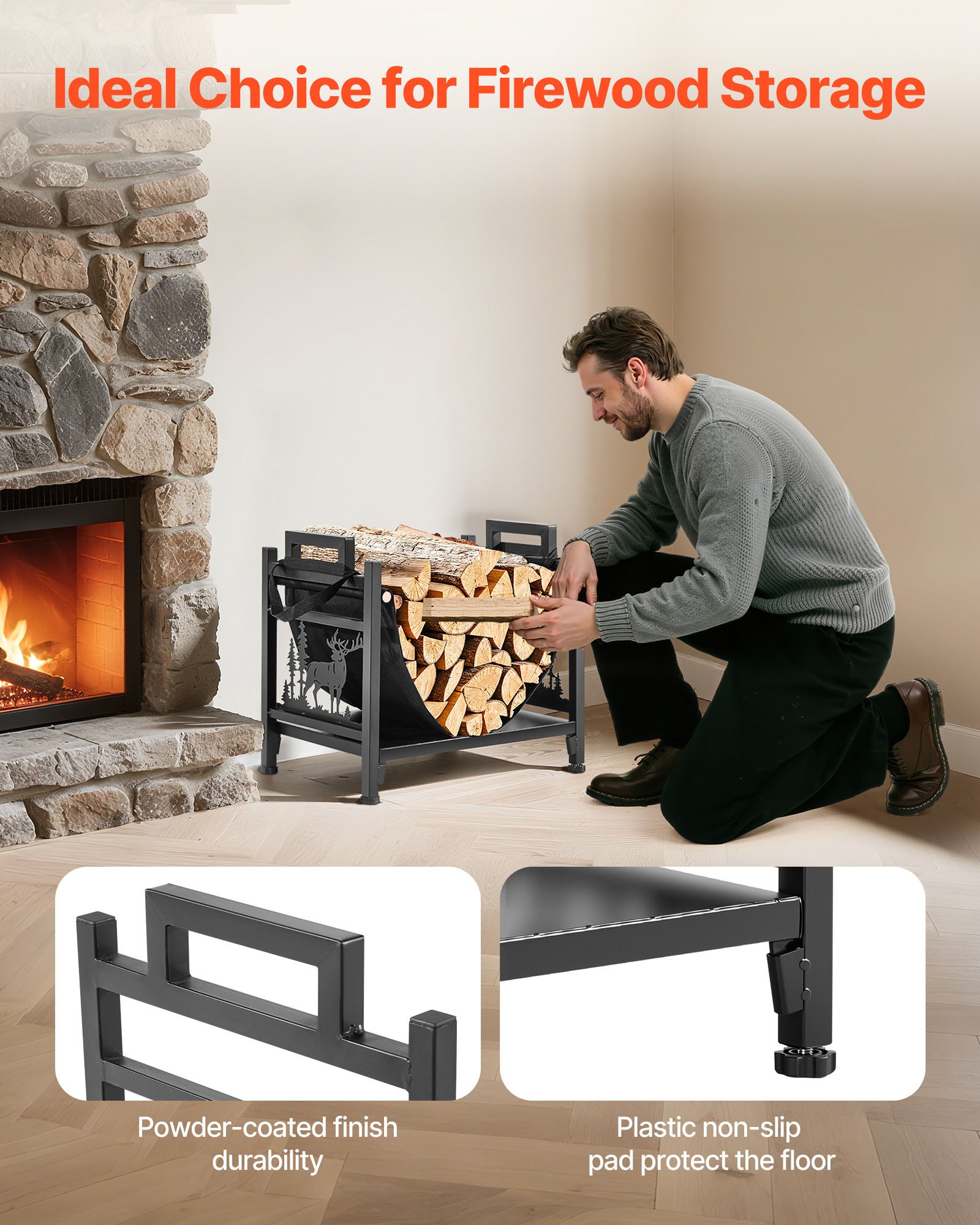 VEVOR Estante de Leña 450 x 315 x 415 mm Marco de Metal con Recubrimiento en Polvo Soporte de Leña Capacidad de 18,1 kg con Portador de Transporte de Lona Leñero Resistente para Chimenea, Negro