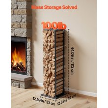 VEVOR Estante de Leña 33 x 32 x 112 cm Soporte de Metal para Leñas Carga de 45,4 kg Leñero de Acero con Recubrimiento en Polvo Resistente para Chimenea, para Interiores, Salas de Estar, Negro