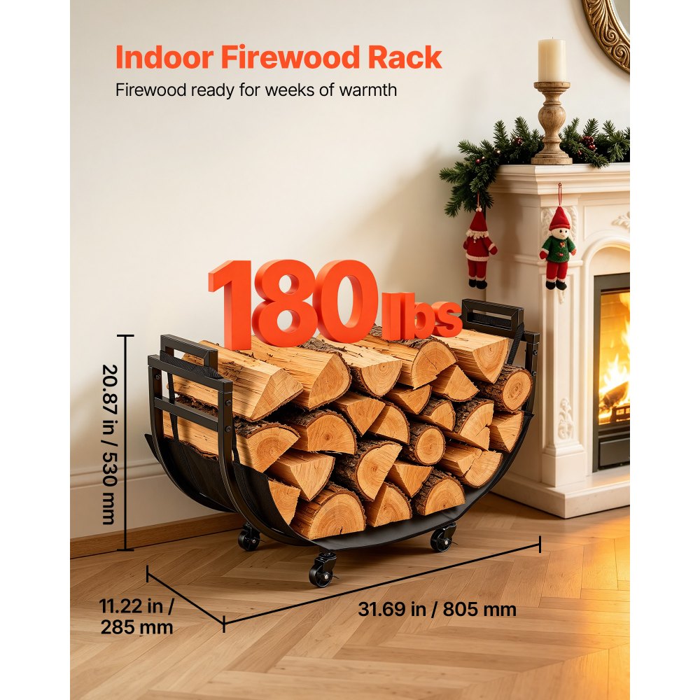 VEVOR Leñero Interior 530 x 285 x 805 mm Carga 80 kg Estantería de Leña, Almacenamiento para Madera de Chimenea, Móvil con 4 Ruedas con Freno, Marco de Acero al Carbono, Bolsa para Transportar Leña