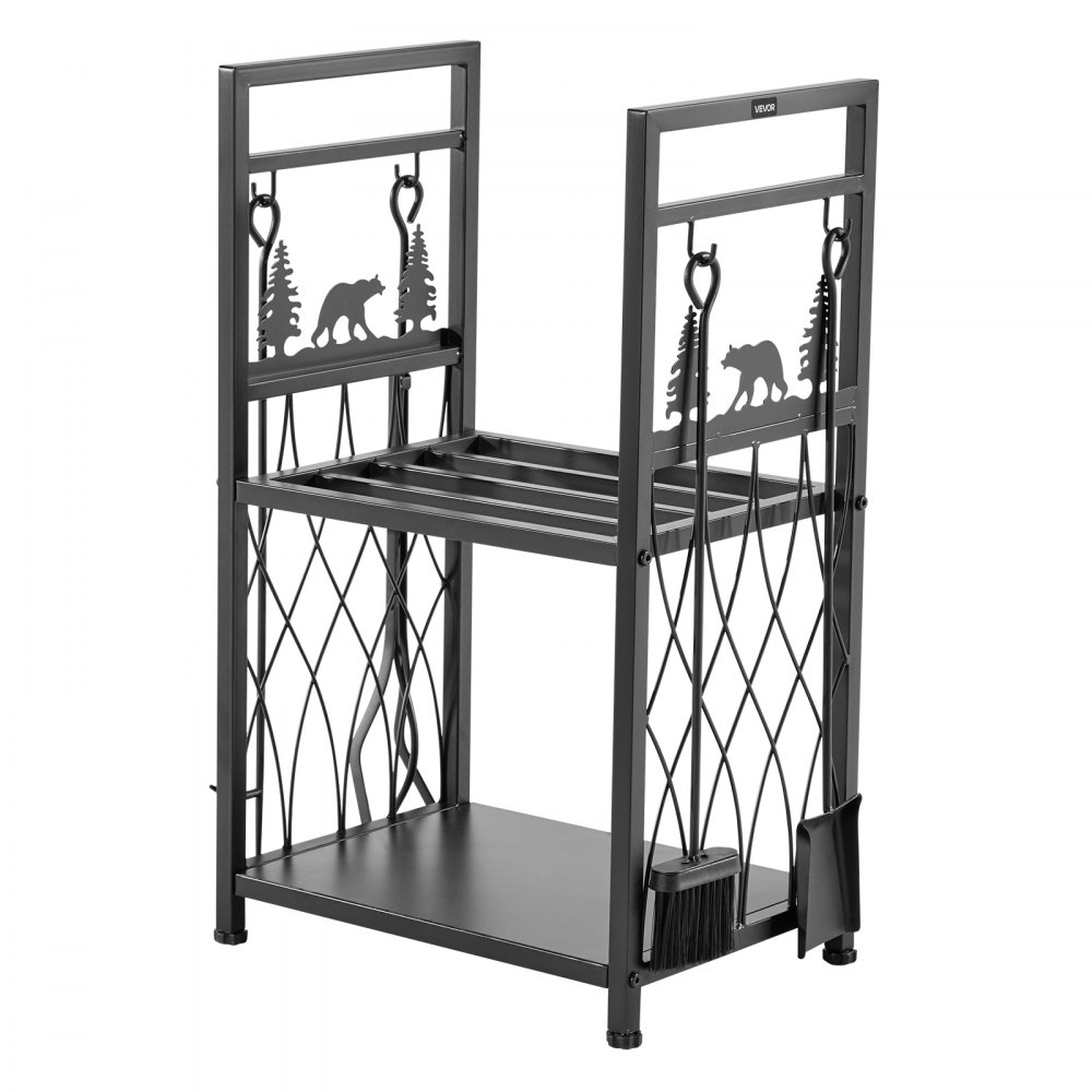 VEVOR Indoor Firewood Rack, 45.5cm 2-Tier Firewood Holder with Fireplace Tools, Brush, Shovel, Poker, Tongs, Heavy Duty Log Wood Rack, 400 lbs Weight Capacity, Wood Pile Storage Stacker for Fire Pit