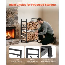 VEVOR Estante de Leña de 2 Niveles 455 x 330 x 765 mm con Herramientas para Chimenea, Cepillo, Pala, Atizador, Pinzas, Soporte de Metal para Leña Capacidad de 181,4 kg, Apilador para Fogatas