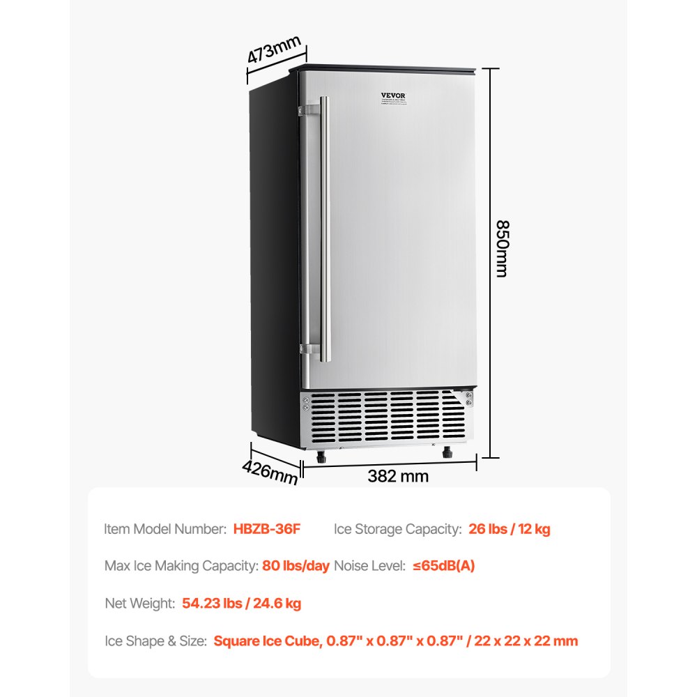 VEVOR Máquina para Fabricar Hielo Empotrada debajo del Mostrador, 36 kg/día, con Puerta Reversible de Acero Inoxidable, para Cocinas Comerciales y Domésticas, Drenaje Eléctrico, 380 x 485 x 855 mm