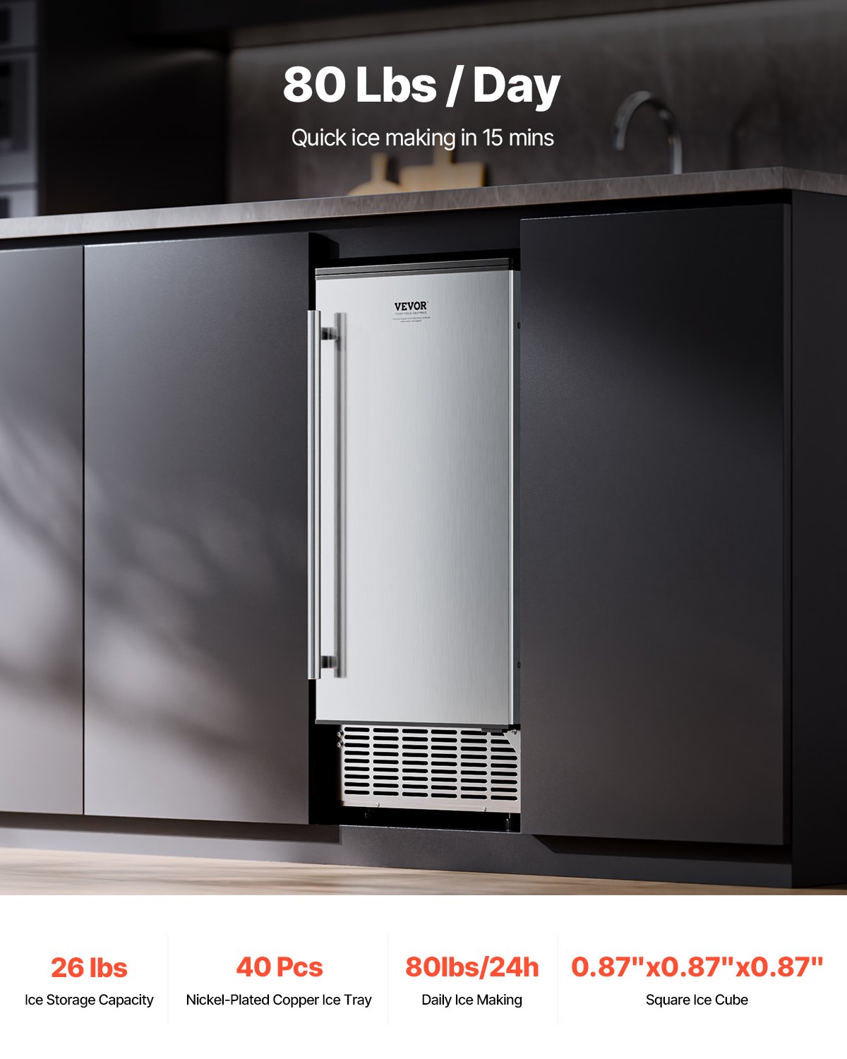 VEVOR Máquina para Fabricar Hielo Empotrada debajo del Mostrador, 36 kg/día, con Puerta Reversible de Acero Inoxidable, para Cocinas Comerciales y Domésticas, Drenaje Eléctrico, 380 x 485 x 855 mm