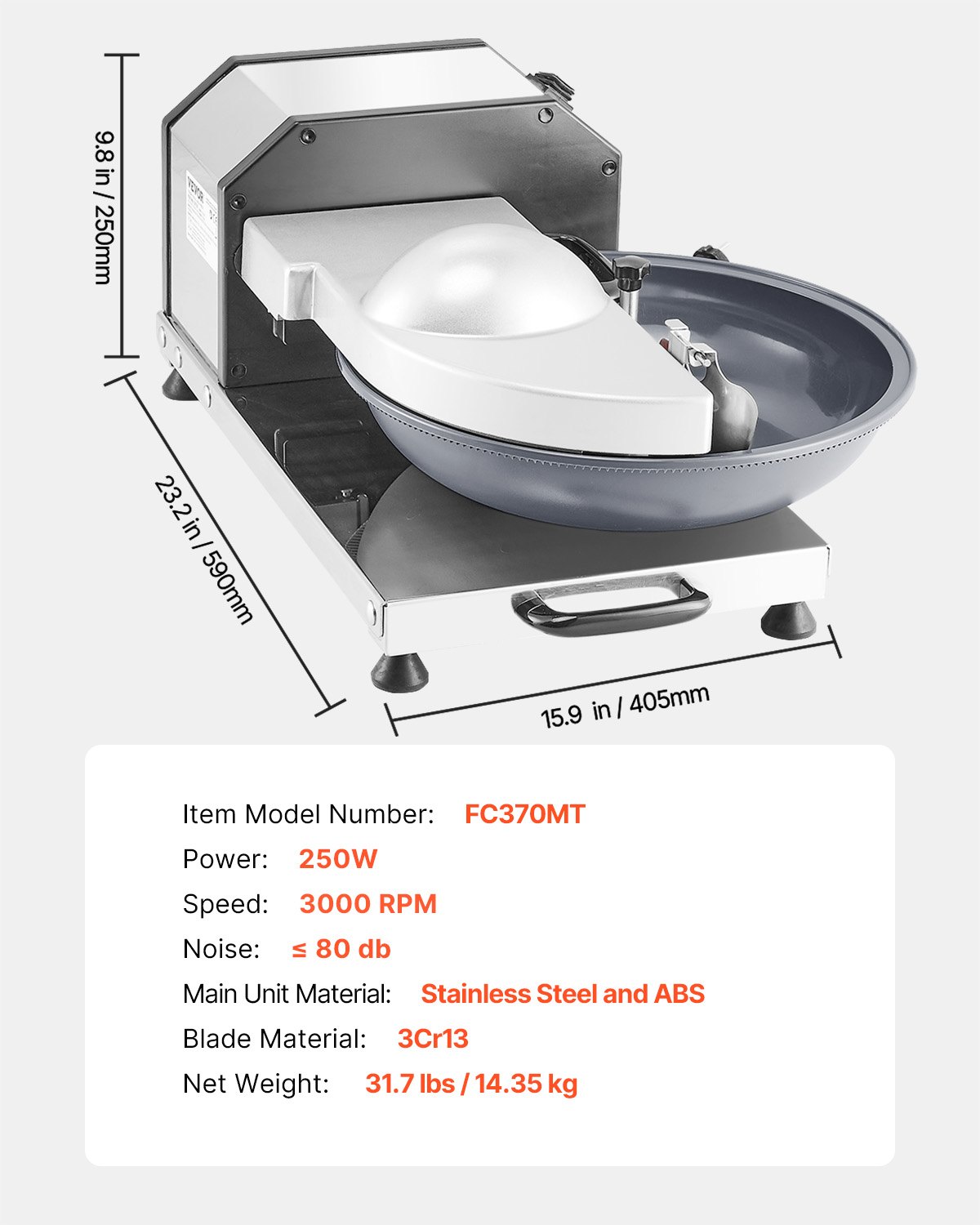 VEVOR Procesador de Alimentos y Picadora de Verduras, Acero Inoxidable de Grado Alimenticio de 3000 RPM con Cuchilla en Forma de S, para Picar Verduras, Frutas, Granos y Nueces, 590 x 405 x 250 mm