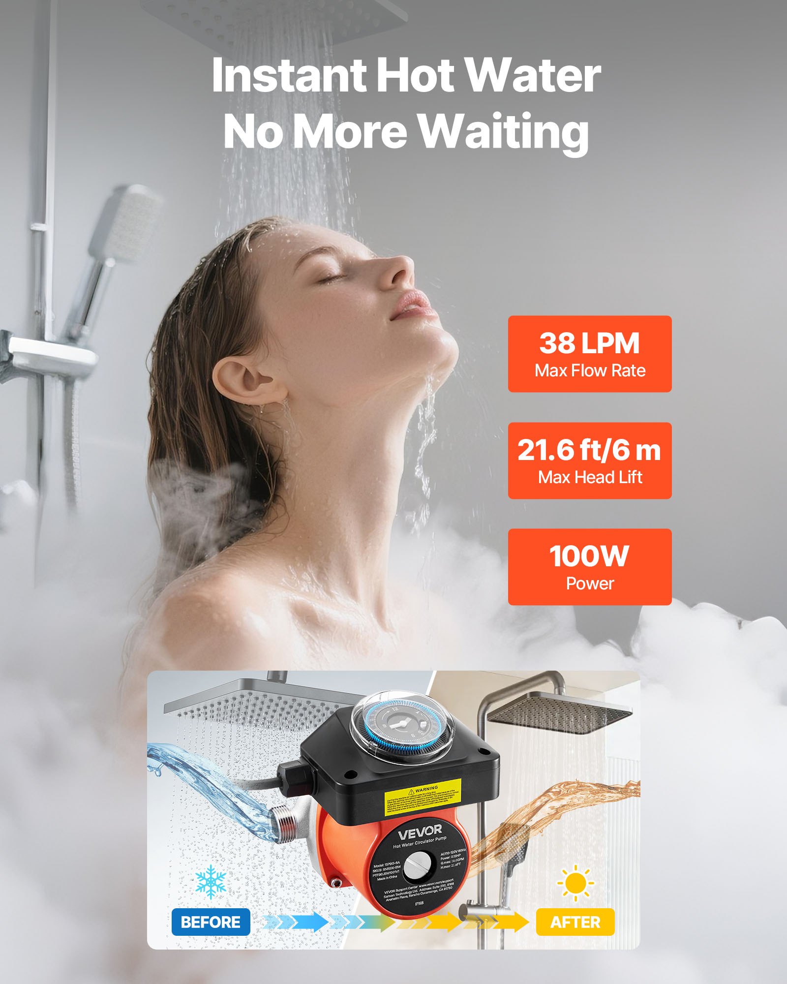 VEVOR Bomba de Circulación de Agua Caliente, con Temporizador, de Acero Inoxidable, Sistema de Circulación Instantánea de 38 LPM, 100 W, para Caldera y Calentador de Agua, 145 x 150 x 135 mm