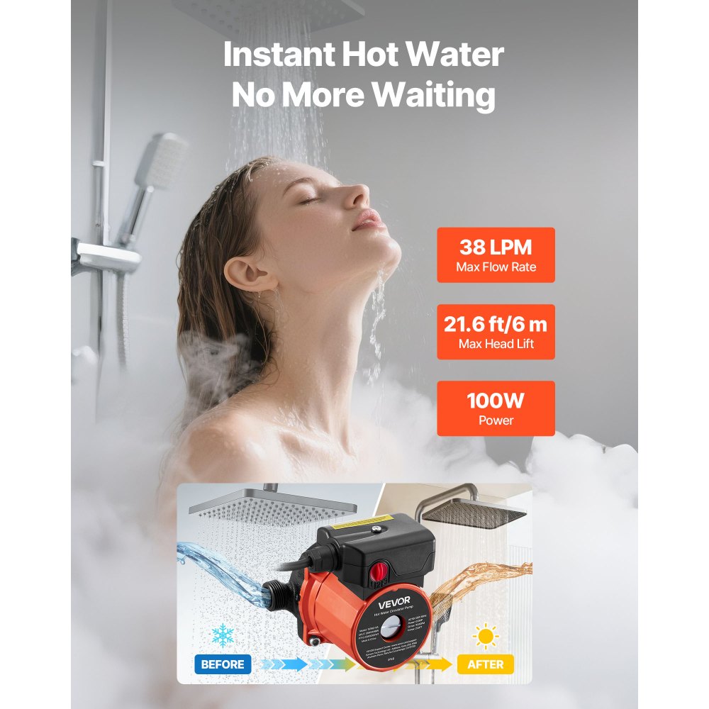 VEVOR Bomba de Circulación de Agua Caliente, 38 LPM, Sistema de Recirculación Instantánea, 3 Velocidades con Caudales de 2,13/1,69/1,21 m³/h, 100 W, Cabezal de Hierro Fundido, Naranja y Negro