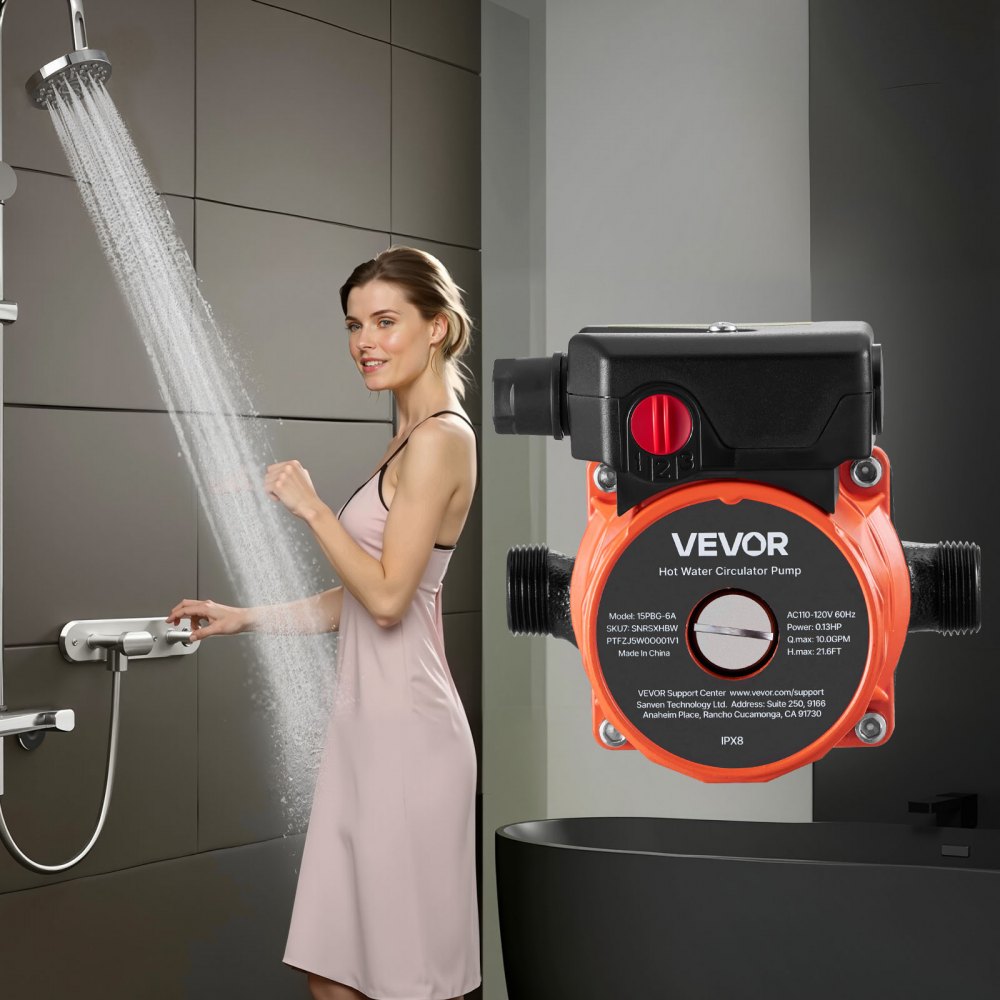 VEVOR Bomba de Circulación de Agua Caliente, 38 LPM, Sistema de Recirculación Instantánea, 3 Velocidades con Caudales de 2,13/1,69/1,21 m³/h, 100 W, Cabezal de Hierro Fundido, Naranja y Negro