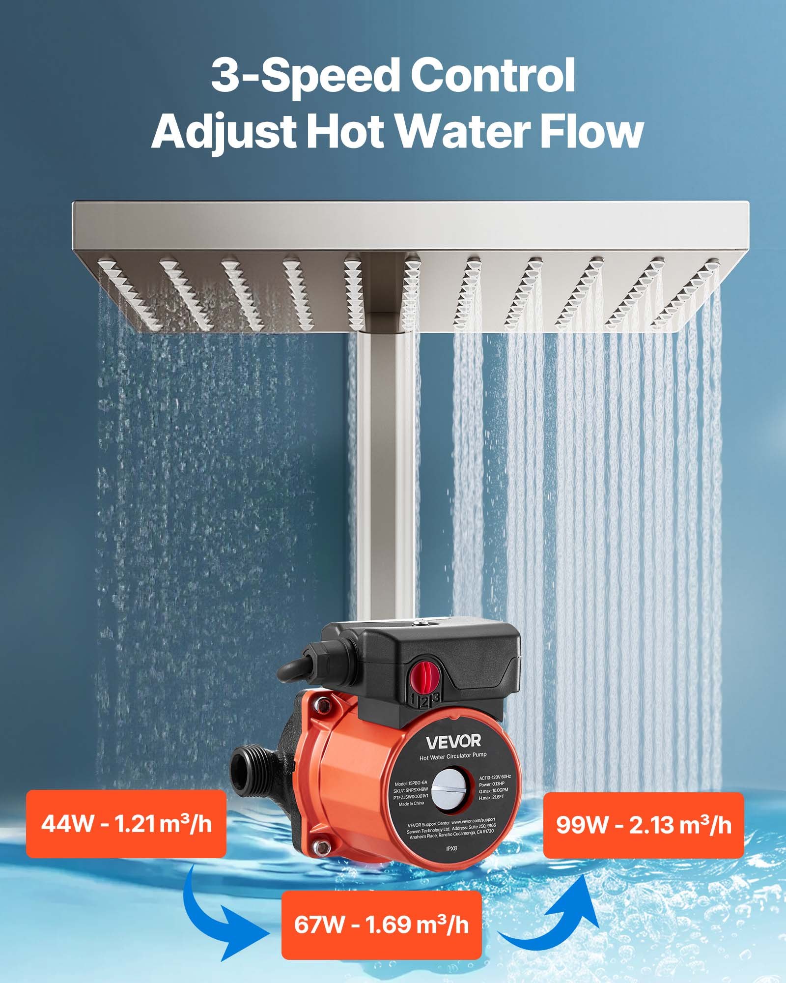 VEVOR Bomba de Circulación de Agua Caliente, 38 LPM, Sistema de Recirculación Instantánea, 3 Velocidades con Caudales de 2,13/1,69/1,21 m³/h, 100 W, Cabezal de Hierro Fundido, Naranja y Negro