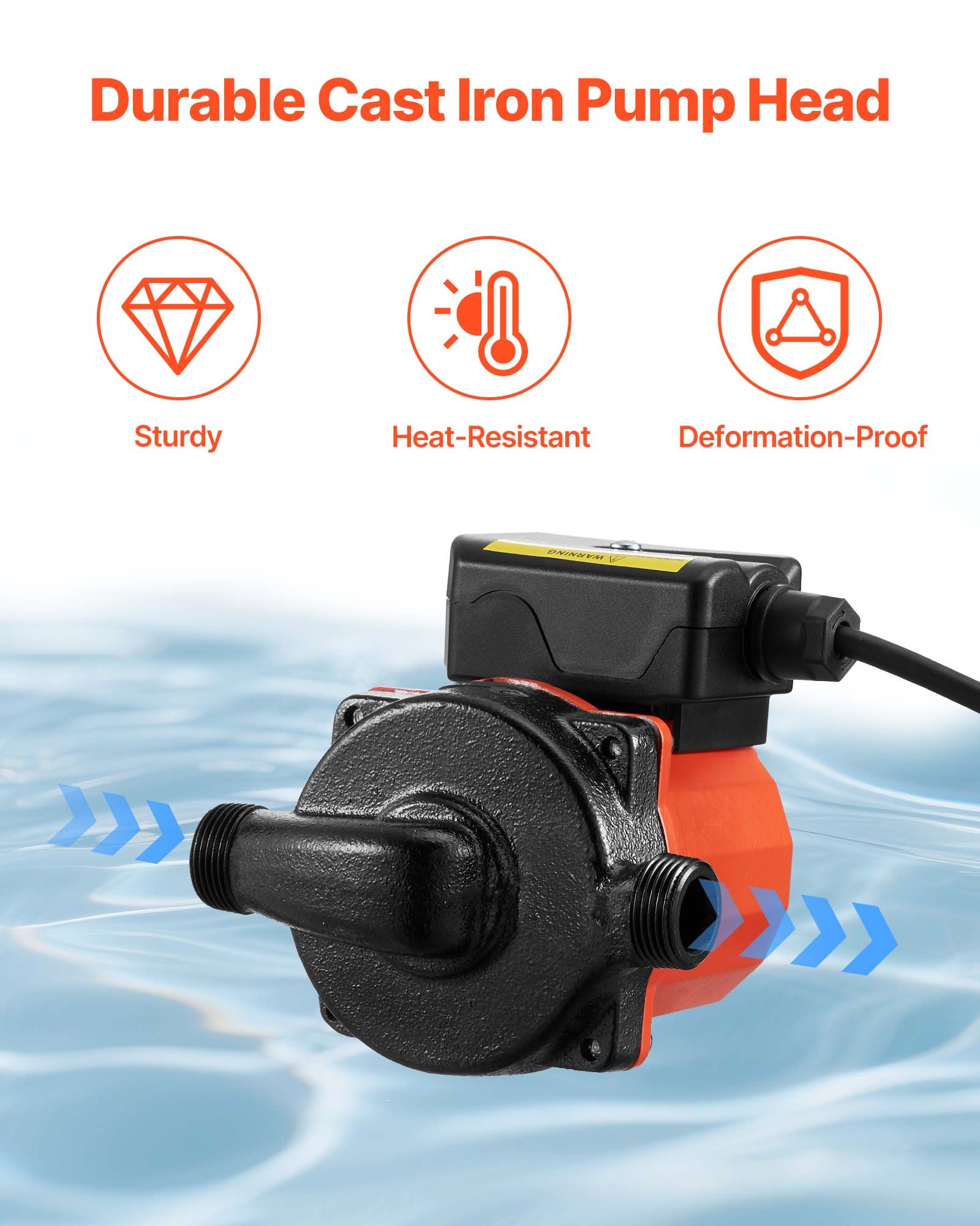 VEVOR Bomba de Circulación de Agua Caliente, 38 LPM, Sistema de Recirculación Instantánea, 3 Velocidades con Caudales de 2,13/1,69/1,21 m³/h, 100 W, Cabezal de Hierro Fundido, Naranja y Negro